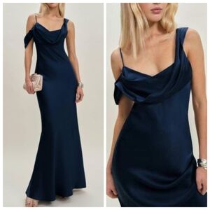 Reformation Navy Satin Cowl Neck Maxi Dress